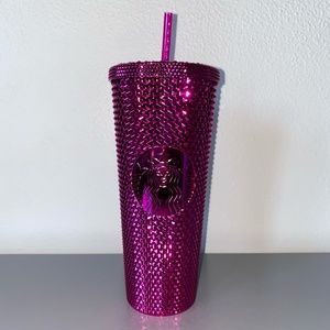 NWT Starbucks Chrome Metallic Sangria Pink Studded Bling 24oz Venti Tumbler